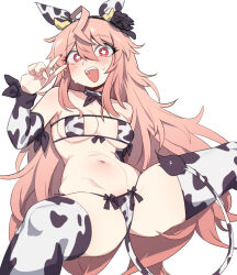Rule 34 | 1girl, ahoge, animal ears, black souls, breasts, cleavage, commentary, cow ears, cow horns, cow print, cow print bikini, cow tail, detached sleeves, groin, highres, horns, long hair, looking at viewer, medium breasts, navel, nyong nyong, pink eyes, pink hair, prickett (black souls), print bikini, simple background, solo, star-shaped pupils, star (symbol), symbol-only commentary, symbol-shaped pupils, tail, thighhighs, white background