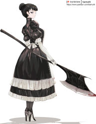 Rule 34 | 1girl, apron, axe, bamuth, black dress, black hair, blue eyes, cross, cross earrings, dress, earrings, gloves, hair bun, high heels, highres, holding, holding axe, jewelry, looking at viewer, looking back, maid, maid apron, original, shadow, single hair bun, solo, standing, white background, white gloves