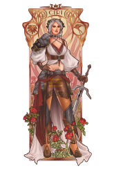 Rule 34 | 1girl, absurdres, armor, art nouveau, artist name, boots, breasts, brown footwear, brown gloves, brown pants, chainmail, character name, ciri, criss-cross halter, flower, flower request, freckles, full body, gloves, green eyes, halterneck, hand on own hip, hannahartwork, head wreath, high heel boots, high heels, highres, long sleeves, looking at viewer, medium hair, midriff, pants, puffy long sleeves, puffy sleeves, red flower, scar, scar on face, small breasts, solo, standing, sword, the witcher (series), thigh boots, weapon, white hair
