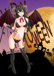 Rule 34 | 1girl, :d, alternate costume, black footwear, black thighhighs, blush, boots, breasts, breasts apart, bridal gauntlets, castle, contrapposto, demon girl, demon horns, demon tail, demon wings, detached sleeves, full body, full moon, glasses, hairband, halloween, halloween costume, holding, horns, jack-o&#039;-lantern, kantai collection, legs apart, long hair, looking at viewer, medium breasts, moon, nail polish, navel, neck ribbon, ooyodo (kancolle), open mouth, oyabun (higashi), polearm, pumpkin, red hairband, red nails, red ribbon, ribbon, smile, solo, standing, stomach, tail, tattoo, thigh boots, thighhighs, trident, very long hair, weapon, wings
