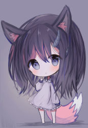 Rule 34 | 1girl, animal ear fluff, animal ears, bad id, bad pixiv id, barefoot, blush, brown background, brown hair, chibi, closed mouth, collared dress, cottontailtokki, dress, fox ears, fox girl, fox tail, frilled dress, frills, full body, grey dress, hair between eyes, hand up, head tilt, highres, horns, long hair, long sleeves, looking at viewer, original, purple eyes, simple background, sleeves past wrists, solo, standing, tail, very long hair