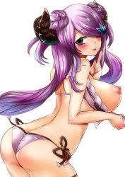 Rule 34 | 10s, 1girl, :p, abi (ababsksk), arched back, ass, bikini, braid, breasts, draph, eyebrows, frilled bikini, frills, granblue fantasy, hair ornament, hair over one eye, head tilt, highres, horns, index finger raised, large breasts, long hair, looking at viewer, narmaya (granblue fantasy), nipples, pointy ears, purple hair, side-tie bikini bottom, simple background, smile, solo, swept bangs, swimsuit, tongue, tongue out, white background, white bikini
