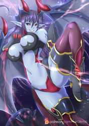 Rule 34 | &gt;:), 1girl, bare shoulders, black sclera, blue skin, boots, breasts, claws, colored sclera, colored skin, demon (monster girl encyclopedia), demon girl, demon horns, demon tail, demon wings, earrings, gloves, heart, heart earrings, high heel boots, high heels, highres, horns, jewelry, large breasts, long hair, monster girl encyclopedia, navel, patreon, patreon logo, patreon username, pointy ears, purple hair, red eyes, revealing clothes, smile, solo, standing, standing on one leg, tail, tattoo, thighhighs, torahime (roland00), v-shaped eyebrows, watermark, web address, wings