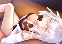 Rule 34 | 1girl, bare shoulders, black camisole, blush, breasts, camisole, candy, chocolate, chocolate heart, chocolate on body, chocolate on breasts, chocomint725, cleavage, contemporary, couch, fate/grand order, fate (series), food, food on body, heart, highres, jeanne d&#039;arc (fate), jeanne d&#039;arc alter (avenger) (fate), jeanne d&#039;arc alter (fate), jewelry, large breasts, long sleeves, looking at viewer, mouth hold, necklace, off-shoulder sweater, off shoulder, ribbed sweater, short hair, silver hair, sitting, solo, sweater, thighs, valentine, white sweater, yellow eyes