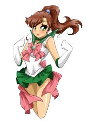 Rule 34 | 10s, 1990s (style), 1girl, 2013, aryiane, bishoujo senshi sailor moon, bow, brooch, brown hair, circlet, clenched hands, dated, elbow gloves, gloves, green eyes, green skirt, heart, heart brooch, highres, jewelry, kino makoto, lips, looking at viewer, miniskirt, pink bow, ponytail, retro artstyle, sailor jupiter, signature, skirt, smile, solo, transparent background, white gloves