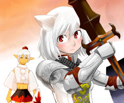 Rule 34 | animal ears, armor, bad id, bad pixiv id, buront, buront (cosplay), cosplay, costume switch, crossover, detached sleeves, elf, elvaan, final fantasy, final fantasy xi, gauntlets, hat, inubashiri momiji, kurirou, pointy ears, red eyes, shield, short hair, sword, the iron of yin and yang, tokin hat, touhou, weapon, white hair, wolf ears