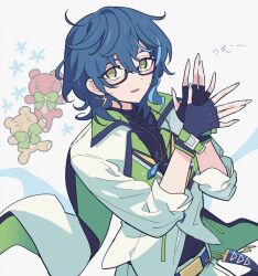Rule 34 | 1boy, aoba tsumugi, black gloves, black shirt, blue hair, cowboy shot, earrings, ensemble stars!, fingerless gloves, glasses, gloves, green eyes, hair between eyes, hands up, jacket, jewelry, long sleeves, looking at viewer, male focus, meremero, necklace, open mouth, own hands together, shirt, short hair, smile, solo, stuffed animal, stuffed toy, teddy bear, white jacket