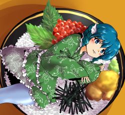 Rule 34 | 1girl, bad id, bad pixiv id, blue eyes, blue hair, fins, food, frilled kimono, frills, head fins, japanese clothes, kimono, matching hair/eyes, mermaid, monster girl, rice, solo, toluda, touhou, wakasagihime, wide sleeves