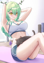 1girl @_@ absurdres almonxtea antlers armpits arms_behind_head bare_arms bare_legs bare_shoulders blush braid braided_bangs breasts ceres_fauna cleavage colored_inner_hair commentary crop_top crossed_bangs english_commentary exercising flower flower_on_head gradient_hair green_hair hair_over_one_eye hair_over_shoulder highres hololive hololive_english horns indoors large_breasts midriff mole mole_under_eye multicolored_hair short_shorts shorts sit-up snail_(ceres_fauna) solo sports_bra sweatdrop tree_horns virtual_youtuber white_sports_bra yellow_eyes