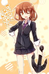 Rule 34 | 10s, 1girl, ;d, anchor, blush, brown eyes, brown hair, cardigan, checkered clothes, checkered necktie, checkered neckwear, collared shirt, fang, hair ornament, hairclip, ikazuchi (kancolle), kantai collection, looking at viewer, necktie, aged up, one eye closed, open mouth, pantyhose, personification, pleated skirt, school uniform, serafuku, shirt, skirt, smile, solo, sparkle, teruui, translated, white background, wink