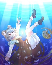 Rule 34 | 1girl, animal ear fluff, animal ears, basket, black dress, black footwear, bloomers, bobby socks, bubble, capelet, commentary request, dowsing rod, dress, glowing, grey hair, holding, holding with tail, jewelry, kirarin 514, light rays, mouse (animal), mouse ears, mouse tail, nazrin, outstretched arm, parted lips, pendant, prehensile tail, reaching, reaching towards viewer, red eyes, short hair, socks, solo, submerged, sunlight, tail, touhou, underwater, underwear