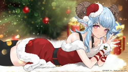 Rule 34 | 1girl, animal ears, bell, bell earrings, belt, black belt, black thighhighs, blue hair, blurry, blurry background, box, breasts, christmas ornaments, christmas tree, closed mouth, collarbone, commission, dress, earrings, fur-trimmed dress, fur-trimmed headwear, fur trim, gift, gift box, hat, highres, holly, horns, indie virtual youtuber, jewelry, k (art71), kayou honoka, lying, mini hat, mini santa hat, on stomach, pom pom (clothes), purple eyes, red dress, red headwear, red ribbon, ribbon, santa hat, sheep ears, sheep girl, sheep horns, sidelocks, skeb commission, solo, thank you, thighhighs, twitter username, virtual youtuber, wrist ribbon