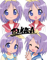 Rule 34 | 1girl, blue eyes, blue overalls, blue sailor collar, bow, character name, closed eyes, closed mouth, dot nose, haaam, hair bow, highres, hiiragi tsukasa, light blush, looking at viewer, lucky star, medium hair, multiple views, neckerchief, open mouth, overalls, own hands together, pink neckerchief, purple hair, red sailor collar, ryouou school uniform, sailor collar, school uniform, shirt, smile, solo, straight hair, tareme, upper body, white background, white shirt, winter uniform, yellow bow, yellow shirt
