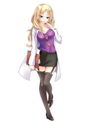 Rule 34 | 1girl, black dress, blonde hair, breasts, clipboard, closed mouth, dress, finger on lip, garter straps, girlfriend (kari), glasses, green eyes, holding, kanzaki mikoto, lab coat, large breasts, long hair, nurse, official art, purple shirt, qp:flapper, shirt, shoes, smile, solo, standing, tagme, thighhighs, transparent background