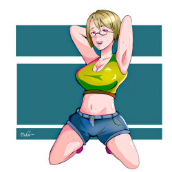 Rule 34 | 1girl, among us, armpits, arms behind head, arms up, belt, blonde hair, breasts, cleavage, collarbone, crop top, glasses, hot, large breasts, looking at viewer, midriff, mugii, navel, open mouth, original, pink eyes, short hair, shorts, signature, simple background, sleeveless, smile, solo, squatting, sweat, teeth, thighs