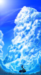 Rule 34 | 1girl, aki biko (aki no sanroku), back, blue theme, cloud, cloudy sky, dress, grass, highres, hood, hoop, kesa, kumoi ichirin, landscape, nature, scenery, sky, solo, sun, touhou, unzan