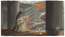 Rule 34 | 1girl, alphonse (white datura), architecture, autumn leaves, black hair, building, day, divine child of rejuvenation, east asian architecture, closed eyes, from behind, highres, japanese clothes, long hair, profile, sekiro: shadows die twice, sitting, snowing, solo