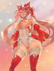 Rule 34 | 1girl, absurdres, animal ears, bare shoulders, blue eyes, bow, breasts, breasts out, brown hair, caleen keemosn, choker, christmas, christmas outfit, cleft of venus, commission, detached sleeves, female focus, fox ears, fox ears, fox girl, fox tail, garters, gluteal fold, hair bow, hair ribbon, highres, huge breasts, javiermtz, large breasts, lingerie, lipstick, long hair, makeup, multiple tails, navel, nipples, original design, plump lips, pussy, ribbon, runes, see-through, snow, solo, star ocean, star ocean anamnesis, tail, thick thighs, thighhighs, thighs, torn clothes, twintails, uncensored, underwear, very long hair, from below, watermark, wide hips