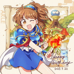 Rule 34 | 1girl, ;d, arle nadja, armor, blue skirt, breastplate, brown eyes, brown hair, cape, character name, contrapposto, cowboy shot, dated, film grain, happy birthday, hitopm, holding, holding staff, index finger raised, looking at viewer, one eye closed, open mouth, puyo (puyopuyo), puyopuyo, scroll, short sleeves, shoulder armor, skirt, smile, solo, staff, waku waku puyo dungeon, white cape