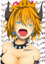 Rule 34 | 1girl, absurdres, ancoco, armlet, bad id, bad pixiv id, bare shoulders, blonde hair, blue eyes, bowsette, breasts, character name, cleavage, collar, colored eyelashes, commentary request, crown, earrings, fangs, half-closed eyes, highres, horns, jewelry, large breasts, looking at viewer, mario (series), new super mario bros. u deluxe, nintendo, open mouth, sharp teeth, short hair, slit pupils, spiked armlet, spiked collar, spikes, super crown, teeth, translation request, upper body, v-shaped eyebrows
