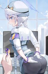 Rule 34 | 1girl, 1other, absurdres, ahoge, ass, black pantyhose, blue archive, blue eyes, blue halo, blush, braid, cuffs, gloves, grey hair, halo, hat, highres, indoors, key, kirino (blue archive), long hair, monitor, nez (nez 0 0), open mouth, pantyhose, shackles, shirt, solo focus, twin braids, very long hair, white gloves, white headwear, white shirt