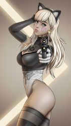 Rule 34 | 1girl, absurdres, aiming, aiming at viewer, animal ears, blonde hair, blue eyes, boots, breasts, cat ears, cleavage cutout, clothing cutout, commentary, cosplay, crossover, d.va (overwatch), earrings, elbow gloves, facial mark, fake animal ears, from side, gloves, gun, hand in own hair, handgun, heart, high heel boots, high heels, highleg, highleg leotard, highres, holding, holding gun, holding weapon, jewelry, large breasts, leotard, long hair, looking at viewer, nier:automata, nier (series), overwatch, overwatch 1, pink lips, pistol, solo, syracurse, thighhighs, weapon, whisker markings, 2b (nier:automata), 2b (nier:automata) (cosplay)