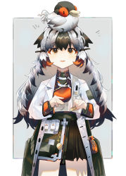 Rule 34 | 1girl, animal, animal on head, arknights, bird, bird on head, black skirt, chinese commentary, coat, coin, commentary request, cowboy shot, cuicuijiao, dilated pupils, eyeshadow, grey background, grey hair, highres, holding, holding coin, long hair, long sleeves, makeup, multicolored hair, on head, orange eyes, orange eyeshadow, parted lips, skirt, snowsant (arknights), solo, sparkle, streaked hair, two-tone background, two-tone hair, white background, white coat
