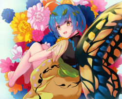 Rule 34 | 1girl, antennae, aqua hair, bad anatomy, bad arm, barefoot, blue flower, blush, butterfly wings, dress, eternity larva, fairy, flower, green dress, hair between eyes, highres, insect wings, leaf, leaf on head, multicolored clothes, multicolored dress, open mouth, orange eyes, pink flower, red flower, ri cochet, short hair, short sleeves, single strap, smile, solo, touhou, white flower, wings, yellow flower