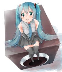 Rule 34 | 1girl, aqua hair, bad id, bad pixiv id, detached sleeves, female focus, from above, green eyes, hands on lap, hatsune miku, long hair, looking at viewer, necktie, pout, rima (rimarip), sitting, skirt, solo, speaker, thighhighs, twintails, very long hair, vocaloid