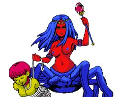 Rule 34 | 2girls, arthropod girl, bdsm, blue hair, bondage, bound, breasts, circlet, collar, colored skin, earrings, closed eyes, femdom, game cg, insect girl, jewelry, kinuko (kinucakes), large breasts, leash, lesbian spider-queens of mars, long hair, multiple girls, navel, nipples, nude, pink hair, pixel art, red skin, scepter, short hair, spider girl, the queen (lesbian spider-queens of mars), transparent background, uncensored, yellow eyes, yellow skin, yuri