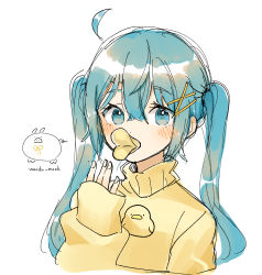 Rule 34 | 1girl, ahoge, artist name, blue eyes, blue hair, blush, commentary, cropped torso, english commentary, hair between eyes, hand up, hatsune miku, highres, long hair, long sleeves, looking at viewer, pringle duck, simple background, solo, sweater, turtleneck, turtleneck sweater, twintails, upper body, vocaloid, wandu mook, white background, yellow sweater