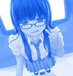 Rule 34 | 1girl, blue theme, breasts, broken, cellphone, crack, failure, fang, getsuyoubi no tawawa, glasses, highres, long hair, looking at viewer, middle finger, monochrome, necktie, parody, parted lips, phone, pleated skirt, riri (no-name girl), skirt, smartphone, solo, style parody, tawawa challenge