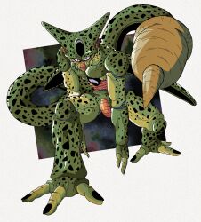 Rule 34 | 1boy, absurdres, android, black nails, border, carapace, cell (dragon ball), colored sclera, colored skin, dark background, dragon ball, dragonball z, dutch angle, evil smile, fewer digits, foreshortening, full body, green skin, highres, hunched over, imperfect cell, insect wings, male focus, monster, multicolored skin, oharu2000, open mouth, outside border, purple sclera, slit pupils, smile, stinger, tail, tail raised, two-tone skin, white background, white border, wings