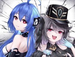 Rule 34 | 2girls, :3, :d, azur lane, back-to-back, bare shoulders, black gloves, black hair, blue gloves, blue hair, breasts, coat, commentary, dress, elbow gloves, english commentary, fang, fur-trimmed coat, fur trim, gloves, hair between eyes, hand up, hat, headgear, helena (azur lane), helena (meta) (azur lane), highres, kyl490, large breasts, long hair, looking at viewer, looking back, medium breasts, multiple girls, open mouth, pamiat merkuria (azur lane), pamiat merkuria (meta) (azur lane), pink eyes, red eyes, side ponytail, sleeveless, sleeveless dress, smile, smug, strapless, strapless dress, upper body, very long hair