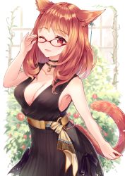 Rule 34 | 1girl, animal ear fluff, animal ears, warrior of light (ff14), bare arms, bare shoulders, black choker, black dress, blush, breasts, brown hair, cat ears, cat girl, cat tail, choker, cleavage, collarbone, commentary request, dress, facial mark, final fantasy, final fantasy xiv, flower, glasses, hand up, long hair, medium breasts, miqo&#039;te, one eye closed, parted lips, pleated dress, red-framed eyewear, red eyes, red flower, sakura ani, sleeveless, sleeveless dress, smile, solo, standing, tail, whisker markings, window