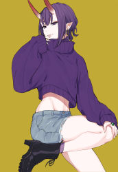 Rule 34 | 1girl, absurdres, alternate costume, alternate hairstyle, black footwear, bob cut, boots, casual, commentary, contemporary, cowboy shot, cropped sweater, denim, denim shorts, earrings, eyeliner, fate/grand order, fate (series), fingernails, hand on own chin, hand on own knee, high heel boots, high heels, highres, hoop earrings, horns, ichiya1115, jewelry, knee up, long sleeves, looking at viewer, makeup, midriff, oni, parted lips, pointy ears, purple eyes, purple hair, purple sweater, ring, sharp fingernails, short eyebrows, short hair, shorts, shuten douji (fate), sidelocks, sideways glance, simple background, skin-covered horns, smile, solo, stomach, sweater, thighs, turtleneck, turtleneck sweater, yellow background