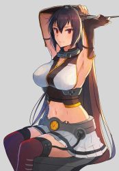Rule 34 | 1girl, armpits, black gloves, black hair, breasts, closed mouth, elbow gloves, feet out of frame, fingerless gloves, gloves, grey background, hair between eyes, headgear, kantai collection, kasumi (skchkko), large breasts, long hair, nagato (kancolle), pleated skirt, red eyes, red thighhighs, simple background, skirt, smile, solo, thighhighs, white skirt