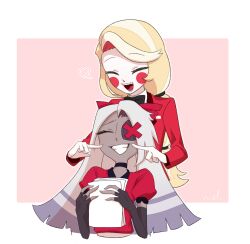 Rule 34 | 2girls, blonde hair, blush stickers, bow, bowtie, charlie morningstar, closed eyes, colored skin, couple, elbow gloves, eyepatch, fangs, fingerless gloves, formal, gloves, grey hair, grey skin, hair bow, happy, hazbin hotel, highres, holding, holding paper, meltytrash, multiple girls, paper, red suit, simple background, smile, suit, upper body, vaggie, white skin