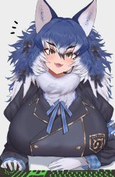 Rule 34 | 1girl, animal costume, animal ear fluff, animal ears, blazer, blue hair, breasts, dire wolf (kemono friends), gloves, grey background, grey eyes, highres, jacket, kakanashi1, kemono friends, kemono friends v project, keyboard (computer), large breasts, long hair, looking at viewer, messy hair, microphone, open mouth, ribbon, scarf, simple background, smile, solo, twintails, virtual youtuber, wolf costume, wolf ears, wolf girl