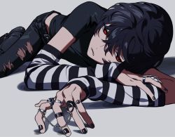 Rule 34 | 1boy, androgynous, black hair, black nails, black pants, black shirt, chain, denim, detached sleeves, fangs, highres, jeans, jewelry, lying, male focus, nail polish, neguko, on side, original, pants, red eyes, ring, shirt, solo, striped, torn clothes, torn jeans, torn pants