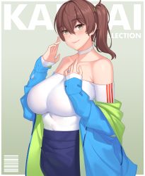 Rule 34 | 1girl, alternate costume, barcode, bare shoulders, blue eyes, blue jacket, blue skirt, blush, breasts, bright pupils, brown hair, casual, choker, closed mouth, collarbone, copyright name, franham, gradient background, grey background, hair between eyes, hand on own chest, hands up, highres, huge breasts, jacket, jewelry, kaga (kancolle), kantai collection, long hair, long sleeves, looking at viewer, mature female, off-shoulder shirt, off shoulder, open clothes, open jacket, pink lips, ring, shirt, side ponytail, skirt, sleeves past wrists, smile, solo, triple vertical stripe, wedding band, white choker, white shirt