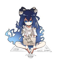 Rule 34 | 1girl, absurdres, antinomy of common flowers, begging, blue eyes, blue hair, cup, female focus, frown, full body, hair ribbon, hh, highres, korean text, long hair, looking at viewer, newspaper, poverty, ribbon, seiza, simple background, sitting, solo, talismans, tears, touhou, translation request, very long hair, yorigami shion
