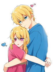 Rule 34 | 1boy, 1girl, absurdres, blonde hair, blue eyes, blue shirt, blush, brother and sister, chinese commentary, commentary request, hair between eyes, heart, highres, hoshino aquamarine, hoshino ruby, hug, light blush, long hair, mismatched pupils, no pupils, oshi no ko, pink eyes, pink shirt, posycola, pout, shirt, short hair, short sleeves, siblings, sidelocks, simple background, spoken heart, star-shaped pupils, star (symbol), symbol-shaped pupils, tongue, tongue out, twins, upper body, white background
