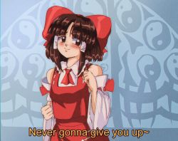Rule 34 | 1990s (style), 1girl, adapted costume, ascot, blue background, blunt bangs, blush, bow, brown eyes, brown hair, collared shirt, commentary, detached sleeves, dress, english commentary, english text, frilled shirt collar, frills, hair bow, hair tubes, hakurei reimu, hand up, looking away, lyrics, making-of available, meme, music, never gonna give you up, parted bangs, red ascot, red bow, red dress, red ribbon, retro artstyle, ribbon, ribbon-trimmed dress, ribbon-trimmed sleeves, ribbon trim, shirt, short hair, sidelocks, singing, smile, solo, step arts, touhou, upper body, wide sleeves, yin yang, yin yang print