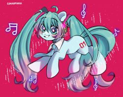 animal animal_focus animalization aqua_eyes aqua_hair aqua_necktie clothed_animal commentary_request cutie_mark full_body hair_between_eyes hatsune_miku hatsune_miku_(pony) headset highres hooves kotobukiya_bishoujo long_hair looking_at_viewer multicolored_hair musical_note my_little_pony my_little_pony:_friendship_is_magic necktie no_humans pink_hair pony_(animal) red_background smile smolducko tail twintails vocaloid