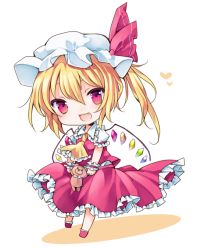 Rule 34 | 1girl, ascot, bad id, bad pixiv id, blonde hair, chibi, fang, flandre scarlet, hat, hat ribbon, heart, looking at viewer, mob cap, open mouth, pink eyes, puffy sleeves, ribbon, shirt, short sleeves, side ponytail, simple background, skirt, skirt set, smile, solo, stuffed animal, stuffed toy, teddy bear, touhou, vest, white background, wings, wrist cuffs, yukimiya (parupunta)