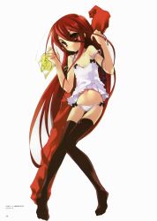 Rule 34 | 1girl, absurdres, alastor (shakugan no shana), artbook, black thighhighs, bow, bow panties, bread, camisole, flat chest, food, highres, ito noizi, jewelry, lingerie, long hair, lowleg, lowleg panties, melon bread, midriff, navel, official art, page number, panties, pendant, red eyes, red hair, scan, shakugan no shana, shana, solo, strap slip, thigh gap, thighhighs, underwear, underwear only, very long hair, white panties
