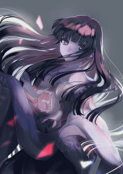 Rule 34 | 1girl, black eyes, black hair, bow, bowtie, commentary, cowboy shot, dress, frilled shirt collar, frills, grey background, hair over mouth, houraisan kaguya, long hair, long sleeves, looking at viewer, pink dress, shawl, solo, touhou, urushimaru0701, white bow, white shawl, wide sleeves