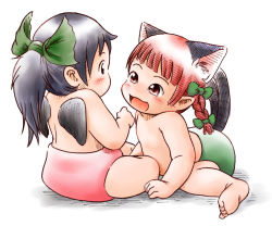 Rule 34 | 2girls, animal ears, baby, black hair, black wings, blush, bow, braid, cat ears, cat tail, child, chinon, extra ears, hair bow, kaenbyou rin, long hair, multiple girls, multiple tails, open mouth, ponytail, red hair, reiuji utsuho, tail, topless, touhou, wings, aged down
