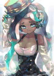 Rule 34 | 1girl, alternate costume, arm up, bad id, bad twitter id, bare shoulders, black eyes, black hair, black hat, black skirt, blouse, blue eyes, breasts, buttons, cephalopod eyes, checkered clothes, checkered skirt, cleavage, collarbone, colored skin, commentary, dark-skinned female, dark skin, double-breasted, gradient eyes, gradient hair, green eyes, green hair, green hat, green skin, hat, hat tip, headphones, high-waist skirt, highres, holding, holding clothes, holding hat, kashu (hizake), lens flare, long hair, long sleeves, looking at viewer, marina (splatoon), medium breasts, meme attire, mole, mole under mouth, monster girl, multicolored clothes, multicolored eyes, multicolored hair, multicolored hat, multicolored skin, nintendo, octoling, off-shoulder shirt, off shoulder, parted lips, pink pupils, shirt, skirt, sleeves past wrists, smile, solo, splatoon (series), splatoon 2, suction cups, suspender skirt, suspenders, tentacle hair, upper body, white background, white shirt